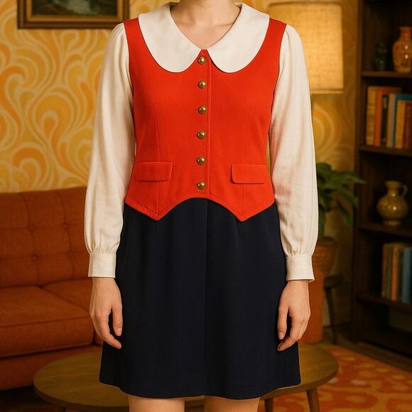 Vintage Mod Red White Blue Dress w/ Peter Pan Collar & Bronze Buttons - Picture 1 of 12